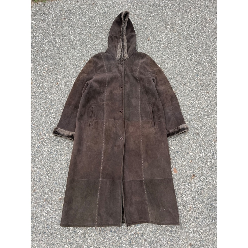 Bernardo S. Jacket Women 42 Brown Suede Shearling Coat Hooded Faux Fur Lined